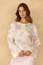 Ivory Floral Pointelle Bell Sleeve Sweater - Ivory Purple Floral