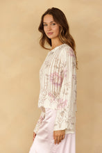 Ivory Floral Pointelle Bell Sleeve Sweater - Ivory Purple Floral