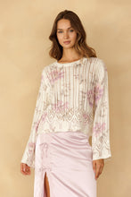 Ivory Floral Pointelle Bell Sleeve Sweater - Ivory Purple Floral