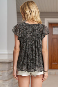 BOHO PAISLEY SHIRRING BLOUSE - BLACK OR MAUVE