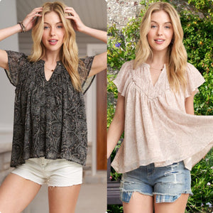 BOHO PAISLEY SHIRRING BLOUSE - BLACK OR MAUVE