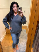 Vintage Havana Washed Charcoal Fleece V-Neck W/ Leopard Trim