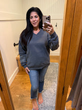 Vintage Havana Washed Charcoal Fleece V-Neck W/ Leopard Trim