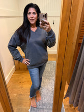 Vintage Havana Washed Charcoal Fleece V-Neck W/ Leopard Trim