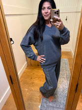 Vintage Havana Washed Charcoal Fleece V-Neck W/ Leopard Trim