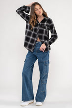 COLLARED PLAID LONG SLEEVE WOVEN TOP -  BLACK