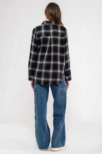 COLLARED PLAID LONG SLEEVE WOVEN TOP -  BLACK
