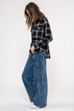 COLLARED PLAID LONG SLEEVE WOVEN TOP -  BLACK