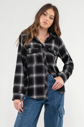 COLLARED PLAID LONG SLEEVE WOVEN TOP -  BLACK
