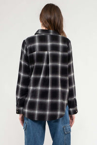 COLLARED PLAID LONG SLEEVE WOVEN TOP -  BLACK