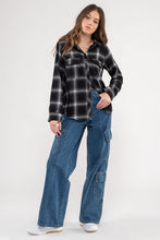 COLLARED PLAID LONG SLEEVE WOVEN TOP -  BLACK
