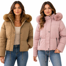 Women's Removable Faux Fur Hood Puffer Jacket - Pale Pink or Taupe