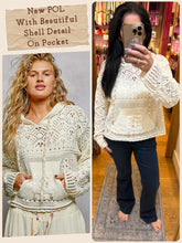 POL long sleeve regular fit hoodie sweater top in chenille with crochet patch, rib hood band, see through weave, solid color - Natural