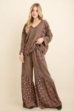 Mineral Washed Boho Pattern Patched Vneck Blouse - Charcoal or Ash Oak