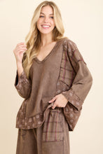 Mineral Washed Boho Pattern Patched Vneck Blouse - Charcoal or Ash Oak