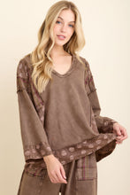 Mineral Washed Boho Pattern Patched Vneck Blouse - Charcoal or Ash Oak