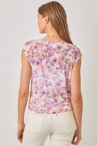 Mystree Front String Detailed Printed Mesh Top - Cream Mix