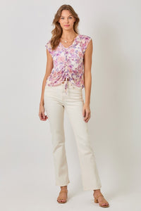 Mystree Front String Detailed Printed Mesh Top - Cream Mix