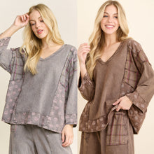 Mineral Washed Boho Pattern Patched Vneck Blouse - Charcoal or Ash Oak