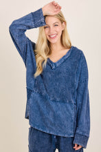 Mineral Washed Fabric Block Fall Vneck Terry Top - Ash Oak, Ashed Black or Navy