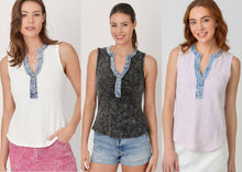 Mystree Washed Thermal Sleeveless Henley Top - Black, Grey,  BluePurple or Cream