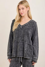 Mineral Washed Fabric Block Fall Vneck Terry Top - Ash Oak, Ashed Black or Navy
