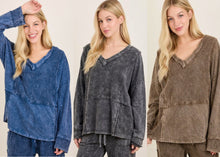 Mineral Washed Fabric Block Fall Vneck Terry Top - Ash Oak, Ashed Black or Navy