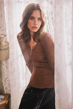 Metallic Ribbed Knit Scallop-neck Top - Brown