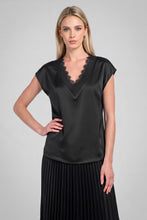 Lace V-neck Satin Cap Sleeve Top - Taupe Grey or Black