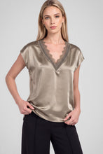 Lace V-neck Satin Cap Sleeve Top - Taupe Grey or Black