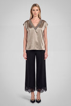 Lace V-neck Satin Cap Sleeve Top - Taupe Grey or Black