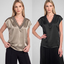 Lace V-neck Satin Cap Sleeve Top - Taupe Grey or Black