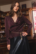 Cowl Neck Collared Long Sleeve Blouse - Cherry Laquer
