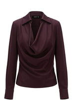 Cowl Neck Collared Long Sleeve Blouse - Cherry Laquer