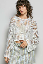 POL long sleeve regular fit hoodie thin sweater top in acrylic with star patch, pearl stud point, see through square weave, hood loop point, rib band detail, solid color - Ivory, Olive or Paradise Mint