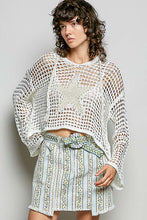 POL long sleeve regular fit hoodie thin sweater top in acrylic with star patch, pearl stud point, see through square weave, hood loop point, rib band detail, solid color - Ivory, Olive or Paradise Mint