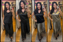 Lace V-neck Satin Cap Sleeve Top - Taupe Grey or Black