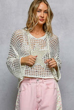 POL long sleeve regular fit hoodie thin sweater top in acrylic with star patch, pearl stud point, see through square weave, hood loop point, rib band detail, solid color - Ivory, Olive or Paradise Mint