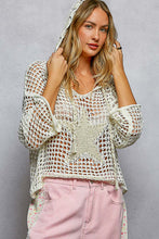 POL long sleeve regular fit hoodie thin sweater top in acrylic with star patch, pearl stud point, see through square weave, hood loop point, rib band detail, solid color - Ivory, Olive or Paradise Mint