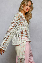 POL long sleeve regular fit hoodie thin sweater top in acrylic with star patch, pearl stud point, see through square weave, hood loop point, rib band detail, solid color - Ivory, Olive or Paradise Mint