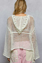 POL long sleeve regular fit hoodie thin sweater top in acrylic with star patch, pearl stud point, see through square weave, hood loop point, rib band detail, solid color - Ivory, Olive or Paradise Mint