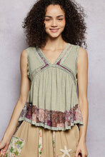 POL V-neck, sleeveless, A-line fit top in rib with trim detail pointed floral pattern - Powder Olive