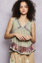POL V-neck, sleeveless, A-line fit top in rib with trim detail pointed floral pattern - Powder Olive