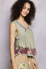 POL V-neck, sleeveless, A-line fit top in rib with trim detail pointed floral pattern - Powder Olive