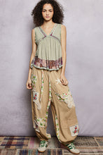 POL V-neck, sleeveless, A-line fit top in rib with trim detail pointed floral pattern - Powder Olive