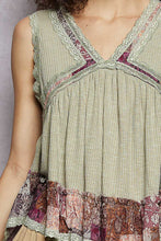 POL V-neck, sleeveless, A-line fit top in rib with trim detail pointed floral pattern - Powder Olive