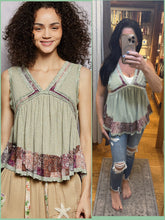 POL V-neck, sleeveless, A-line fit top in rib with trim detail pointed floral pattern - Powder Olive