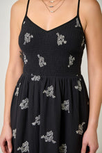 Floral Embroidered Smocked Dress - Black