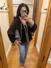 Pol hoodie, balloon sleeve, oversized fit top in thermal and printed fabric mixes with overlock stitch detail pointed solid pattern - Black