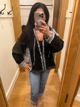 Pol hoodie, balloon sleeve, oversized fit top in thermal and printed fabric mixes with overlock stitch detail pointed solid pattern - Black